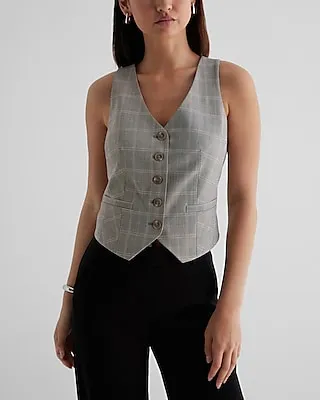 Editor Plaid Button Front Blazer Vest Multi-Color Women's XS