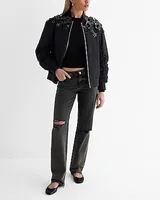 Floral Embellished Rhinestone Oversized Bomber Jacket Black Women's