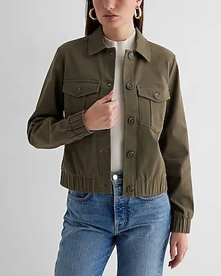 Collared Cropped Bomber Jacket Green Women's S