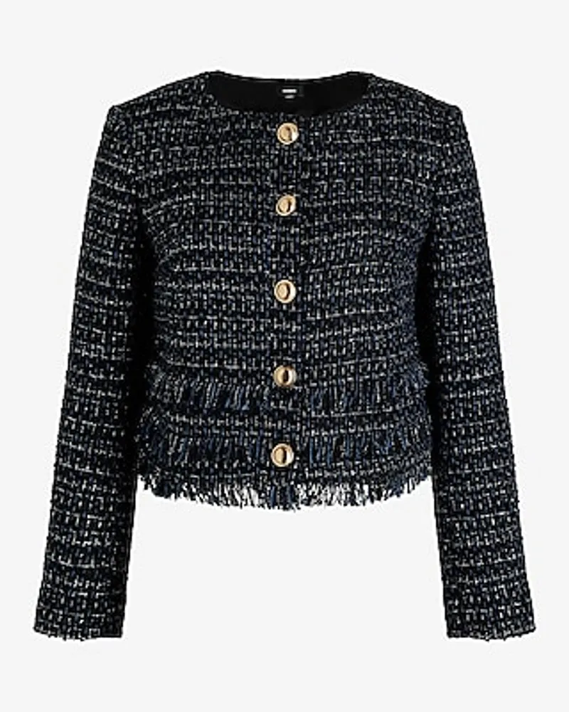 Tweed Fringe Novelty Button Jacket Blue Women's