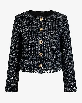 Tweed Fringe Novelty Button Jacket Blue Women's XL