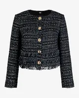 Tweed Fringe Novelty Button Jacket Blue Women's M