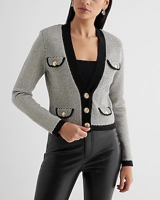 Tipped Striped Novelty Button Sweater Jacket