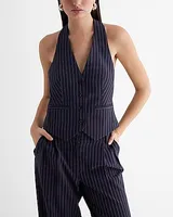 Pinstripe Button Front Halter Vest Blue Women's XS