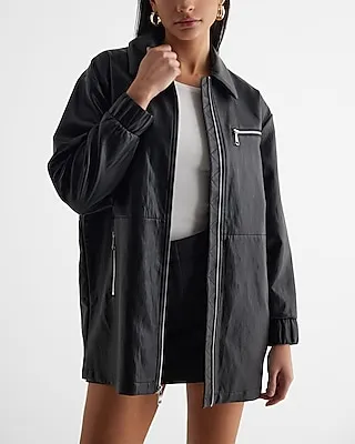 Faux Leather Cinched Oversized Bomber Jacket