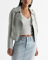 Faux Leather Cropped Moto Jacket Green Women's