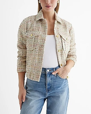Sequin Tweed Novelty Button Cropped Bomber Jacket
