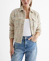 Sequin Tweed Novelty Button Cropped Bomber Jacket Multi-Color Women's S