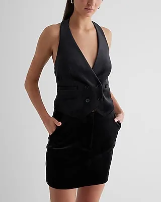 Velvet Double Breasted Halter Vest Black Women's S