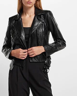 Croc Faux Leather Cropped Moto Jacket Black Women