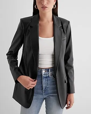 Faux Leather One Button Cinched Oversized Boyfriend Blazer Black Women