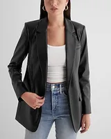 Faux Leather One Button Cinched Oversized Boyfriend Blazer Black Women's S