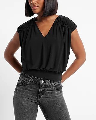 Polished Matte Jersey Ruched Banded Bottom Top Black Women's XS