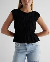 Crew Neck Ruched Peplum Top Black Women's XS