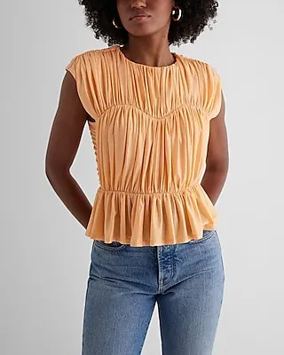 Foil Crew Neck Ruched Peplum Top Orange Women's M