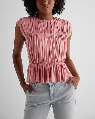 Foil Crew Neck Ruched Peplum Top