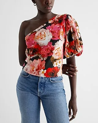 Floral Skimming One Shoulder Puff Sleeve Tee Red Women's XS