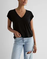 Supersoft Linen-Blend Skimming V-Neck Tee Black Women's M