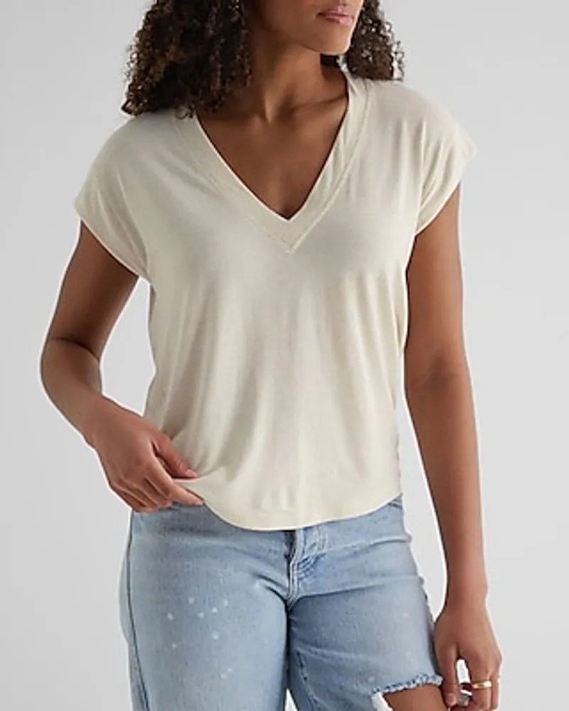 Express Supersoft Linen-Blend Skimming V-Neck Tee White Women's XS