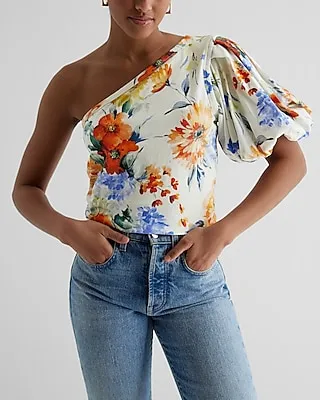 Floral Skimming One Shoulder Puff Sleeve Tee Multi-Color Women's XS