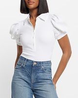 Fitted Pleated Puff Sleeve Polo Crop Top White Women's S