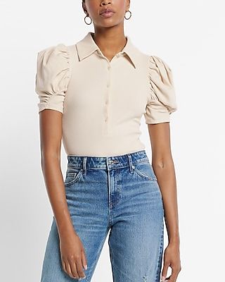 Fitted Pleated Puff Sleeve Polo Crop Top Neutral Women's XS