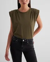 Crew Neck Padded Shoulder Muscle Tee Green Women's XS