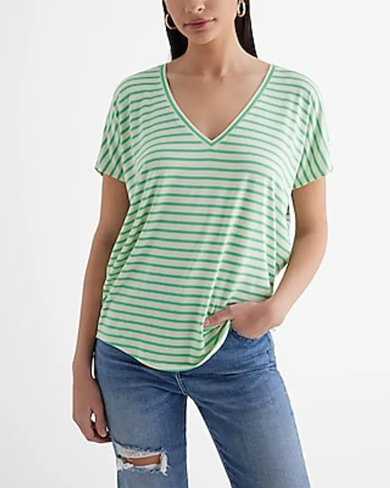 Striped V-Neck Short Sleeve London Tee Green Women