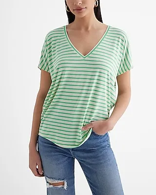 Striped V-Neck Short Sleeve London Tee Green Women's XS