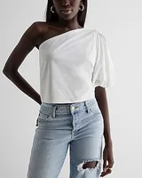 Skimming One Shoulder Puff Sleeve Tee White Women's S