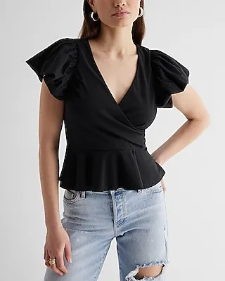 V-Neck Flutter Sleeve Wrap Peplum Top Women's