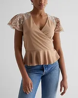 Embroidered Eyelet Flutter Sleeve Peplum Top Brown Women's XS