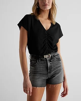 Relaxed V-Neck Ruched Tee Black Women's XS