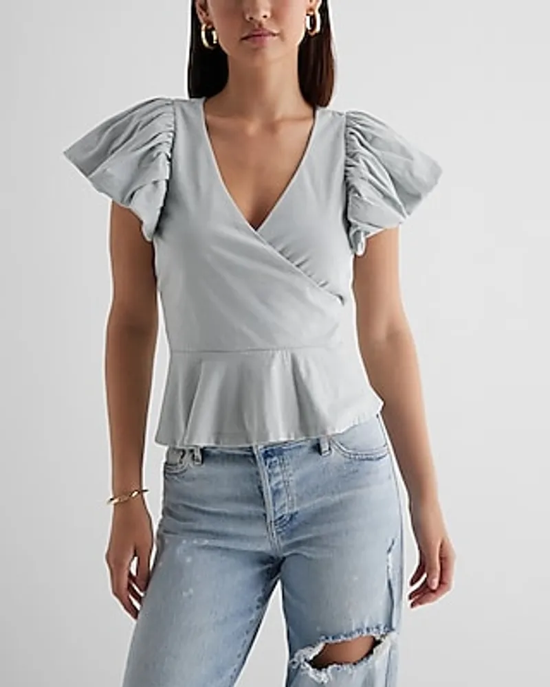 V-Neck Flutter Sleeve Wrap Peplum Top Gray Women's S