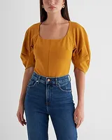 Fitted Ponte Square Neck Puff Sleeve Bodysuit Yellow Women's XL