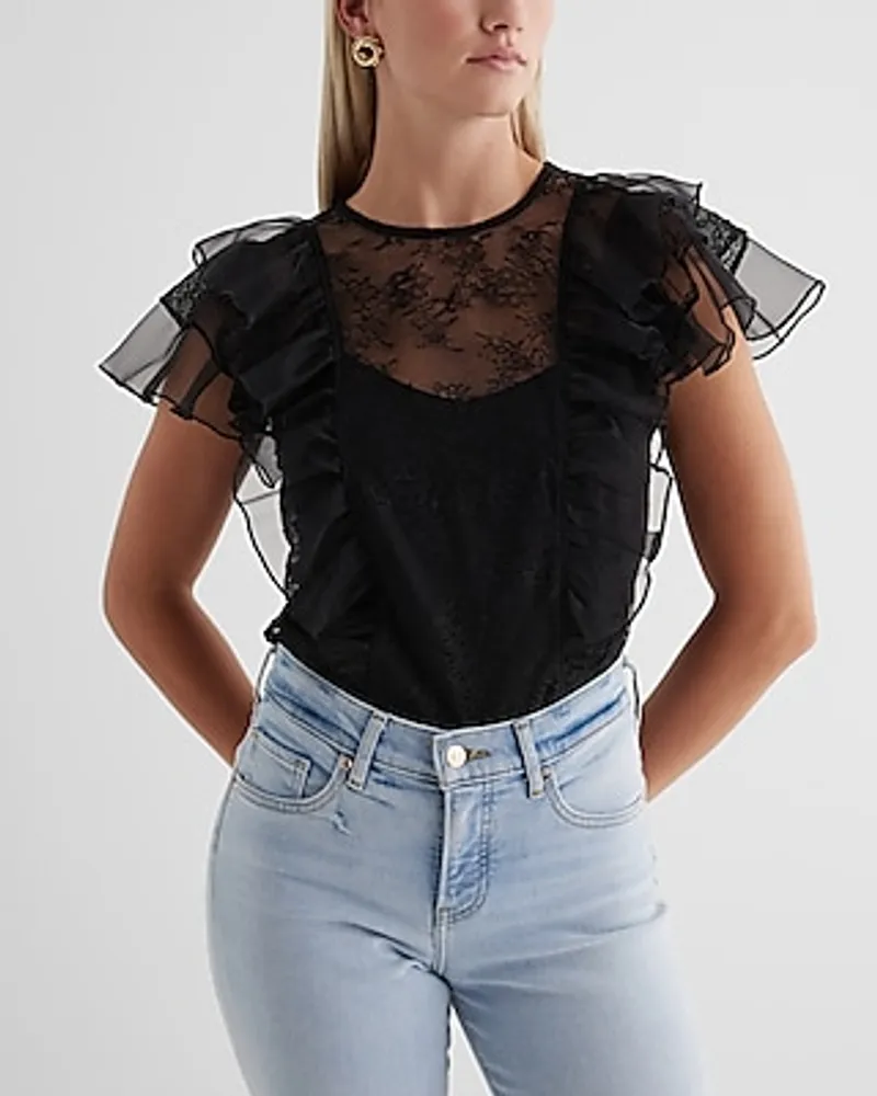 Lace Crew Neck Tulle Flutter Sleeve Tee Black Women's XL