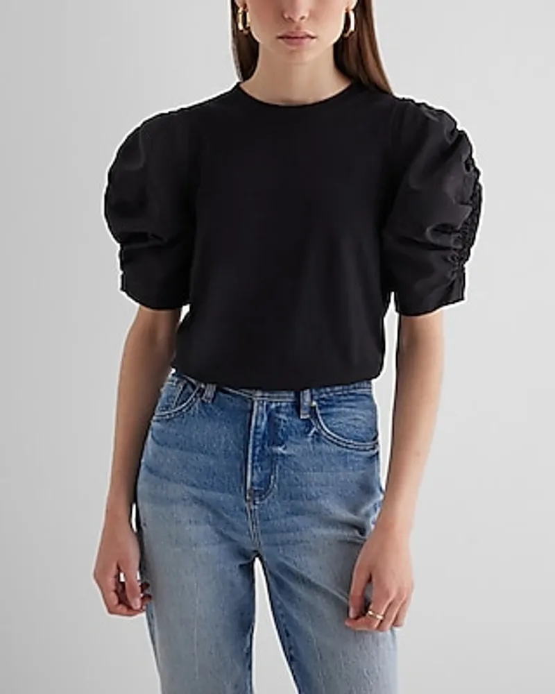 Skimming Crew Neck Poplin Ruched Puff Sleeve Tee Black Women's XS