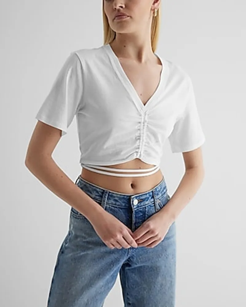 Express V-Neck Ruched Strappy Tie Crop Top