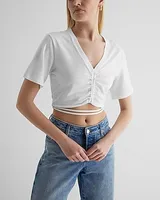 V-Neck Ruched Strappy Tie Crop Top White Women's XL