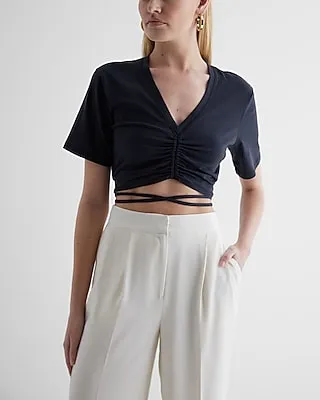 V-Neck Ruched Strappy Tie Crop Top Blue Women's L