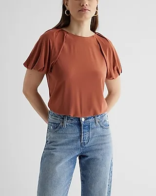 Crew Neck Puff Sleeve Bodysuit Brown Women