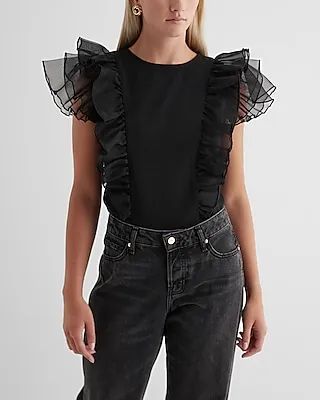 Skimming Crew Neck Tulle Flutter Sleeve Tee Women's