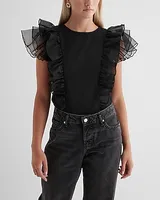 Skimming Crew Neck Tulle Flutter Sleeve Tee Women