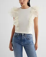 Skimming Crew Neck Tulle Flutter Sleeve Tee White Women's