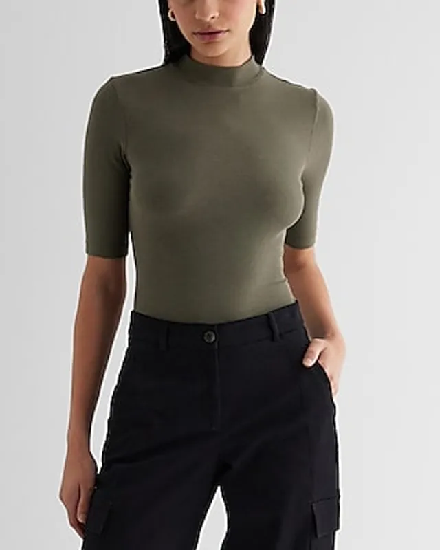 Ribbed Mock Neck Elbow Sleeve Tee