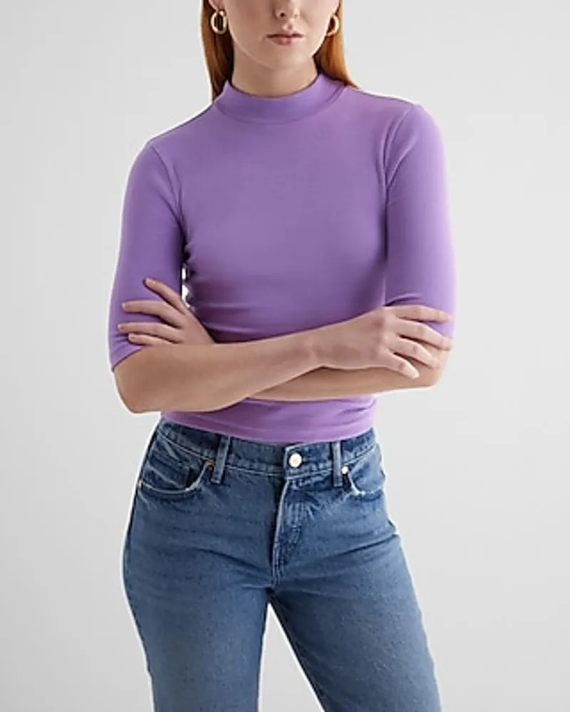 Ribbed Mock Neck Elbow Sleeve Tee Purple Women's S