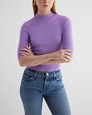 Ribbed Mock Neck Elbow Sleeve Tee Purple Women's S