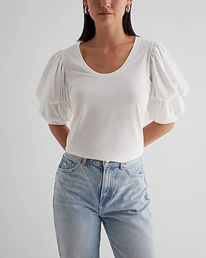 Skimming Scoop Neck Puff Sleeve Tee White Women's