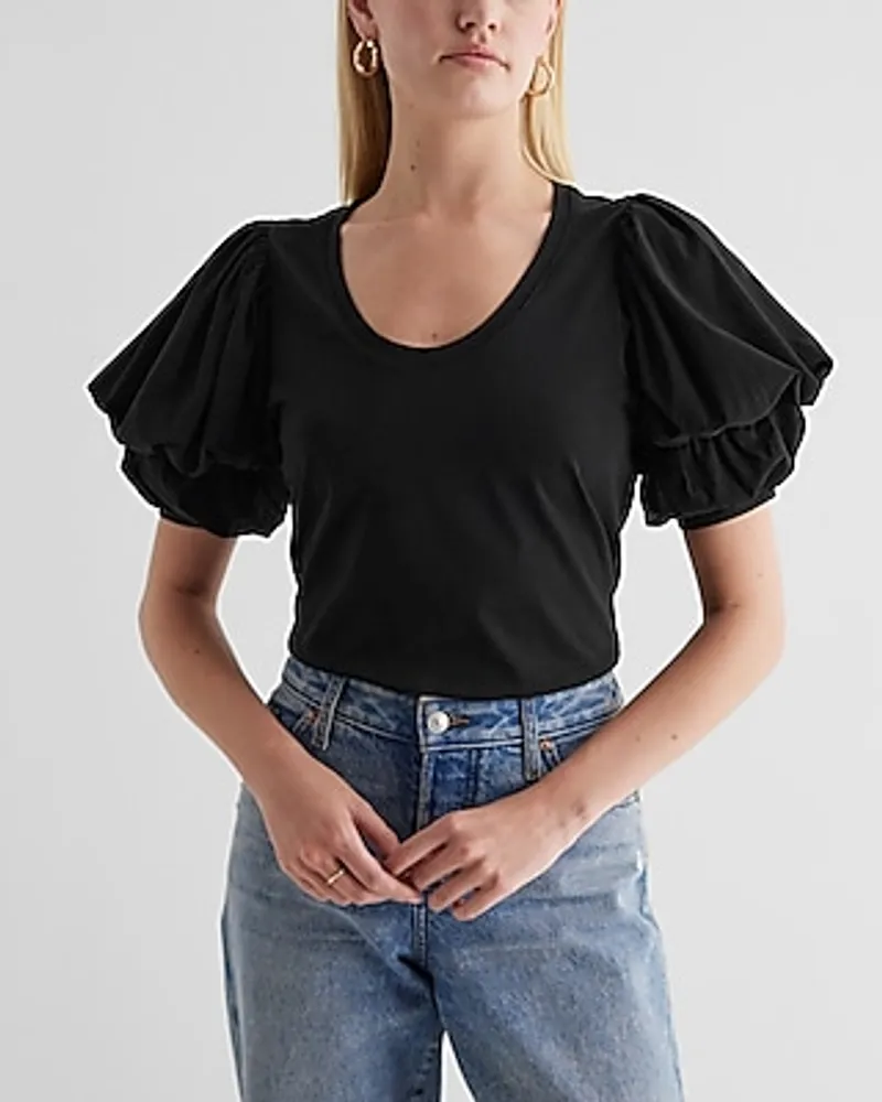 Skimming Scoop Neck Puff Sleeve Tee Black Women's S