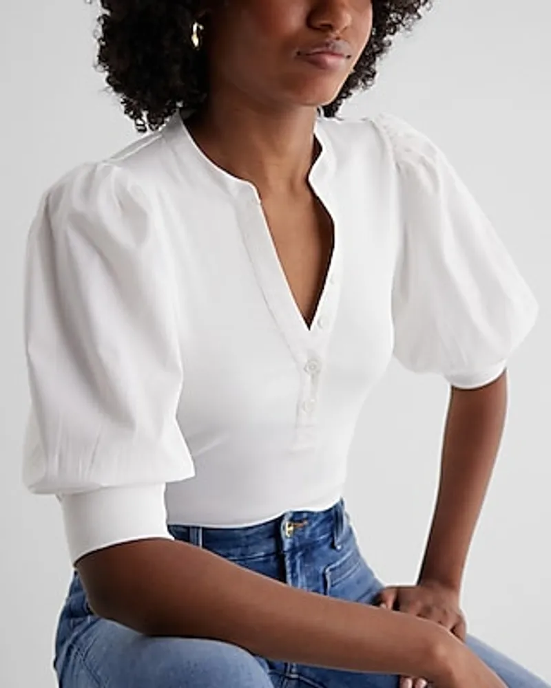 Ribbed V-Neck Poplin Puff Sleeve Henley Tee White Women's